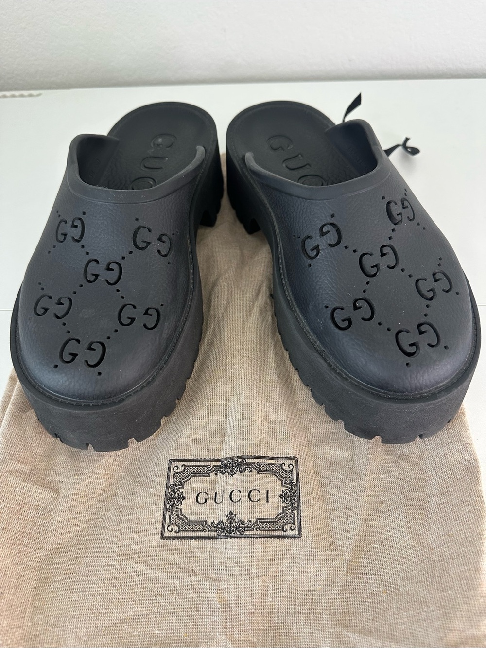 Gucci Black Perforated GG Rubber Slip On Platform Sandals SZ EUR 38
